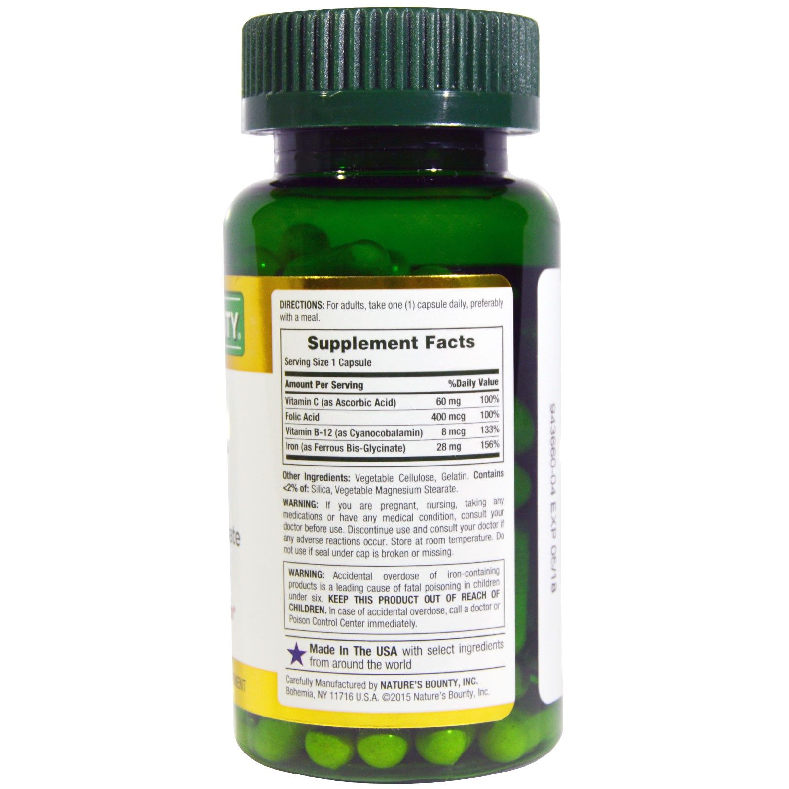Железо, Источник железа сульфата, Nature's Bounty, 28 мг, 90 капсул