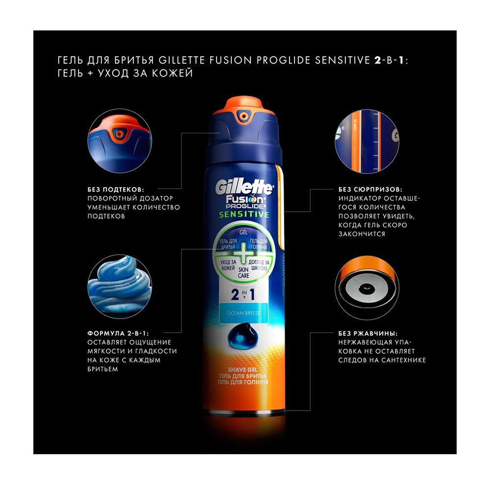 Гель для бритья fusion proglide sensitive 2в1 active sport Gillette, 250 мл