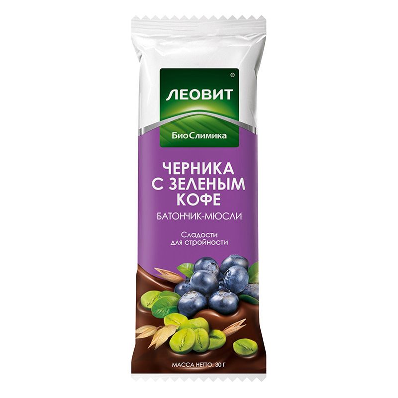Биослимика батончик-мюсли с черникой и зеленым кофе Леовит, 30 г