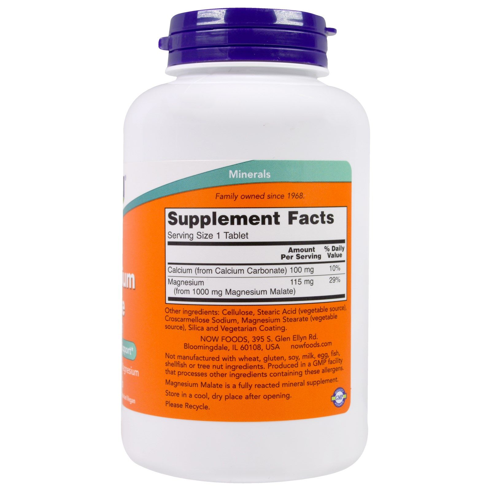 Magnesium Malate, Магний, Cосудорасширяющий, Now Foods, 1000 мг, 180 таблеток