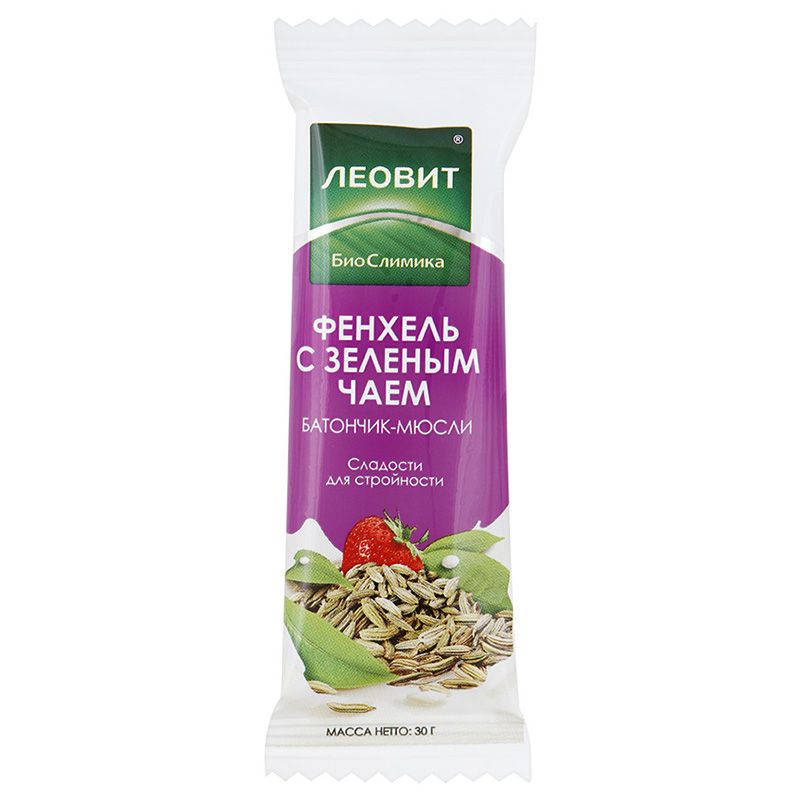 Биослимика батончик-мюсли с фенхелем и зеленым чаем Леовит, 30 г