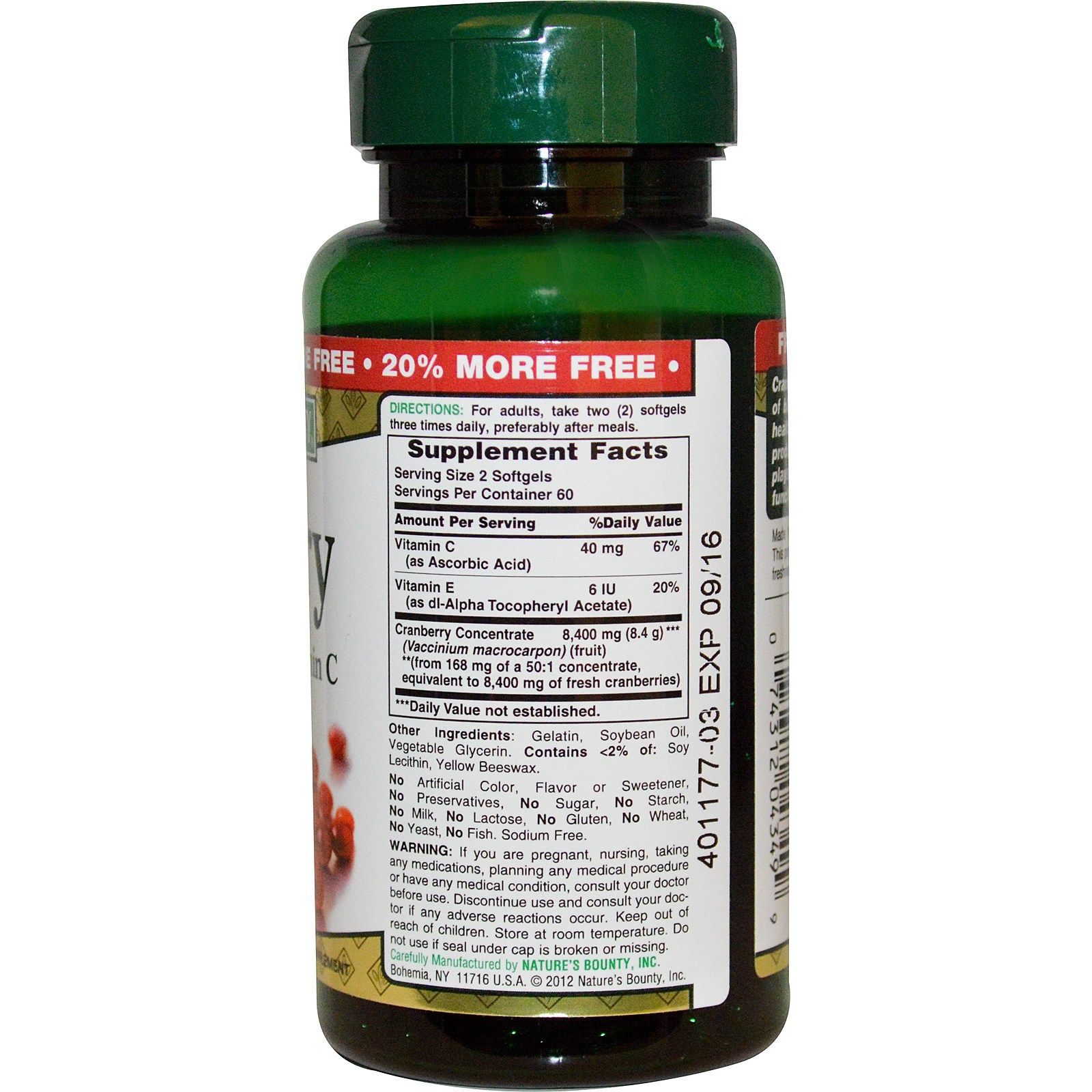Концентрат ягод клюквы, равный 4200 мг свежих ягод, с витамином С, Nature's Bounty, 100 капсул