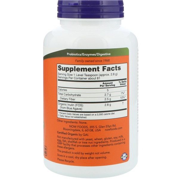 Now Foods, Сертифицированный органический инулин пребиотик Inulin Pure Powder, чистый порошок, (227 г)