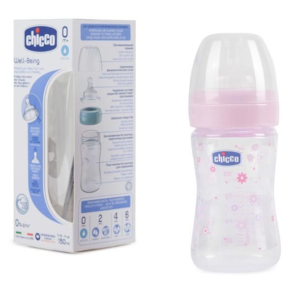 Бутылочка с латексной соской Chicco Well-Being Girl от 0 мес, 150 мл