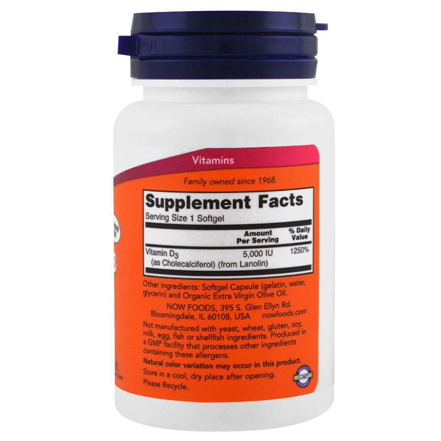 Vitamin D3 лечение недостатка витамина D3 Now Foods, 5000 мкг, 240 капсул