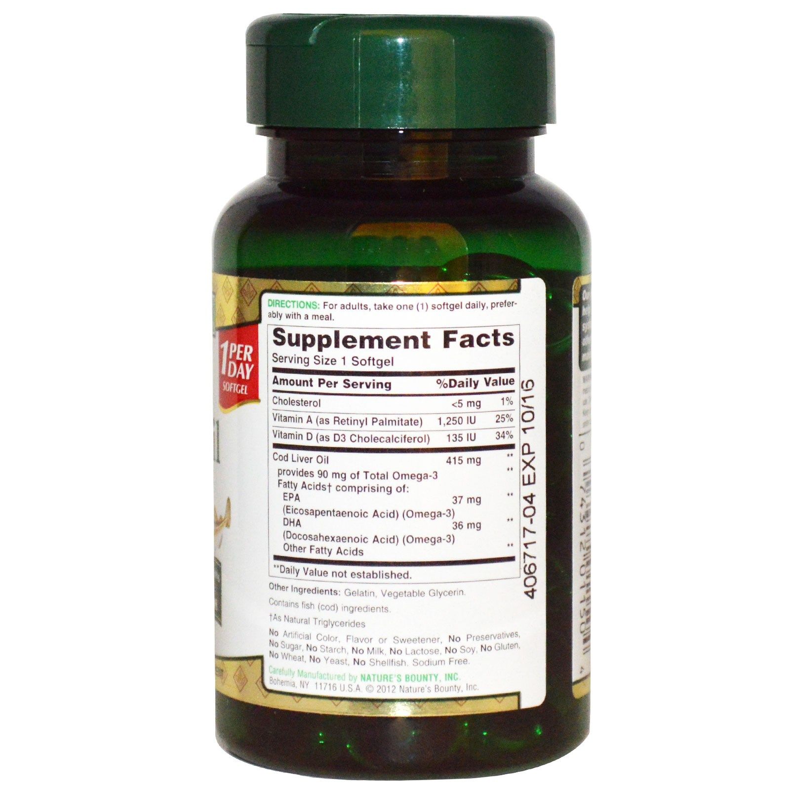 Жир печени норвежской трески, источник натуральных витаминов А и D. При сухости кожи и слизистых оболочек. Дополнительный источник Омега-3 ПНЖК. Nature's Bounty, 100 капсул