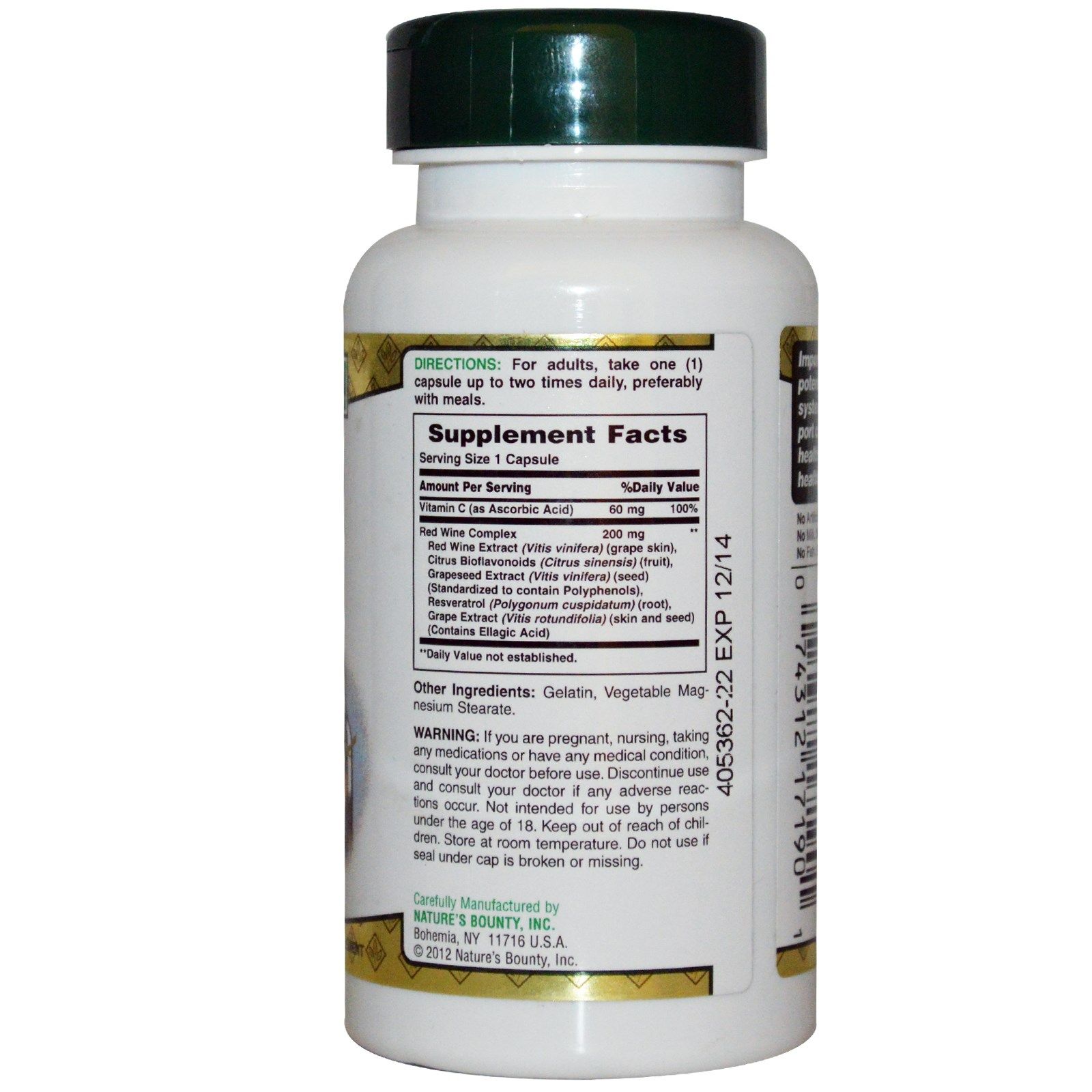 Комплекс красного вина, Замедление процессов старения, Nature's Bounty, 200 мг, 60 капсул