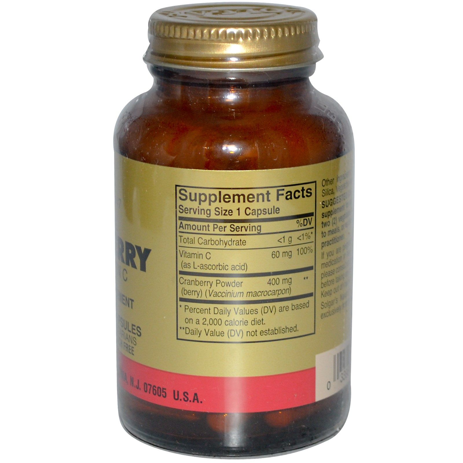 Солгар Натуральная клюква с витамином С  Снижение риска развития цистита  Solgar  400 мг, 60 капсул