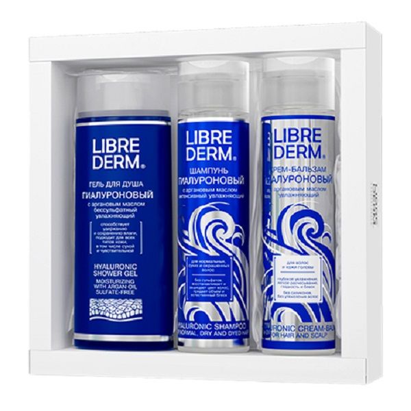 Подарочный набор Librederm гиалуроновый, гель 300 мл + шампунь 250 мл + крем-бальзам для волос 250 мл