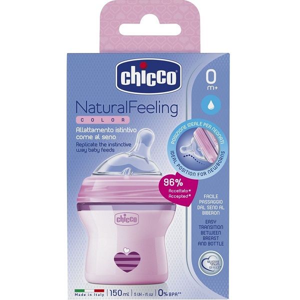 Бутылочка для кормления с силиконовой соской Chicco Natural Feeling от 0 месяцев розовая, 150 мл