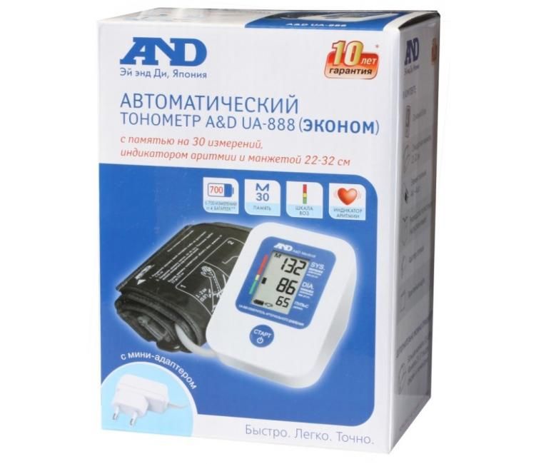 Тонометр ua-888 автоматический с адаптером эконом A&D, 1 шт