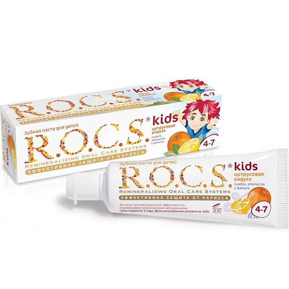 Детская зубная паста R.O.C.S. Kids Цитрусовая радуга со вкусом лимона, апельсина и ванили от 4 до 7 лет, 45 г