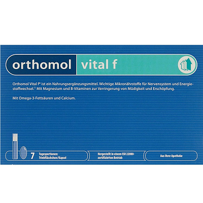 Orthomol Vital F Оптимальная дозировка микронутриентов для женщин Ортомол Витал Ф, питьевые бутылочки и капсулы на 7 дней