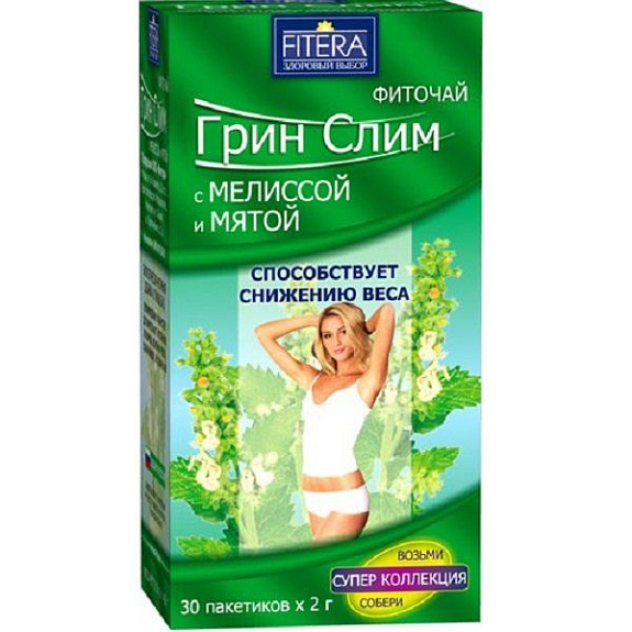 Фиточай Грин Слим с ароматом мяты и мелиссы для снижения веса, 30 фильтр-пакетов х 2 г