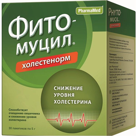 Средство для очищения кишечника и снижения уровня холестерина Фитомуцил Холестенорм, 30 пакетов х 5 г