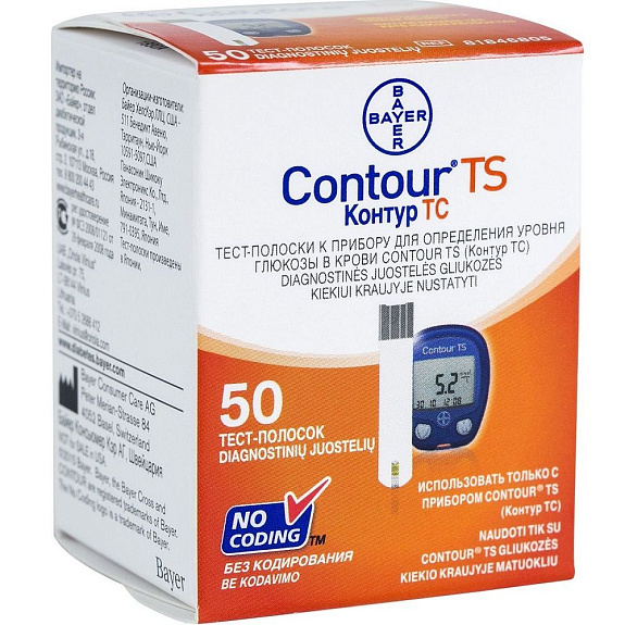 Тест-полоски к глюкометру Contour TS для измерения уровня сахара в крови, 50 шт