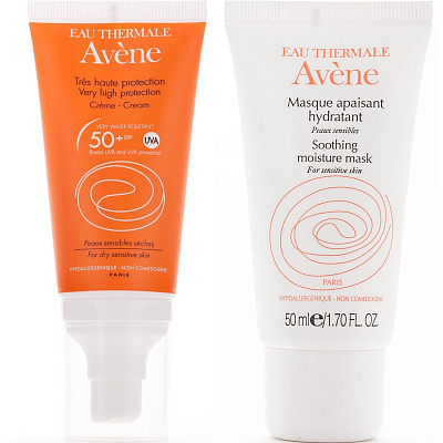 Набор Солнечный Avene солнцезащитный крем SPF50+, 50 мл + маска успокаивающая увлажняющая, 50 мл