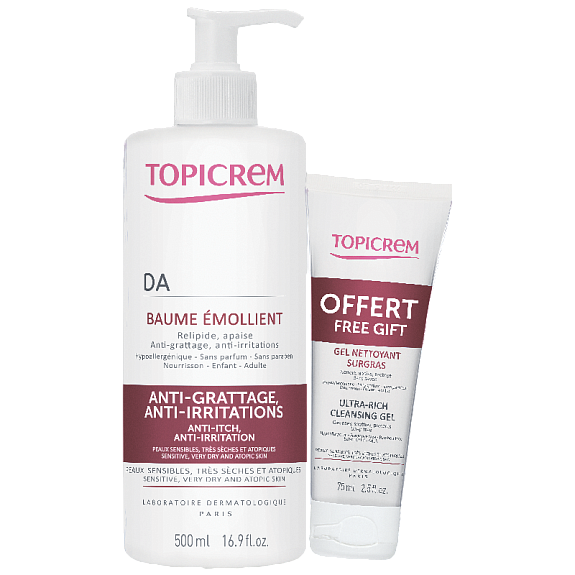 Набор Topicrem (бальзам АД липидовосстанавливающий для лица и тела, 500 мл + гель ультра Риш очищающий AD, 75 мл)