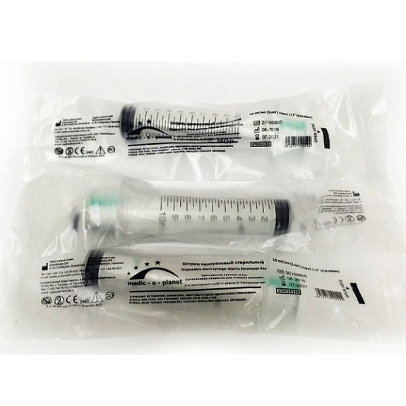 Шприц одноразовый стерильный 3-х компонентный 10 мл с иглой 21G 0,8 х 40 мм Medic-O-Planet, 60 шт
