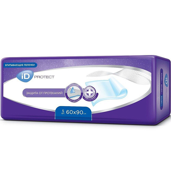Пеленки одноразовые впитывающие ID Protect 60х90 см, 5 шт