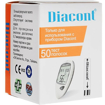Тест-полоски к глюкометру Diacont для измерения уровня сахара в крови, 50 шт