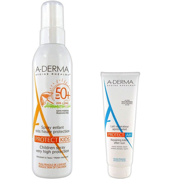Набор A-Derma Protect Kids спрей солнцезащитный SPF50+, 200 мл + восстанавливающий лосьон после загара, 100 мл