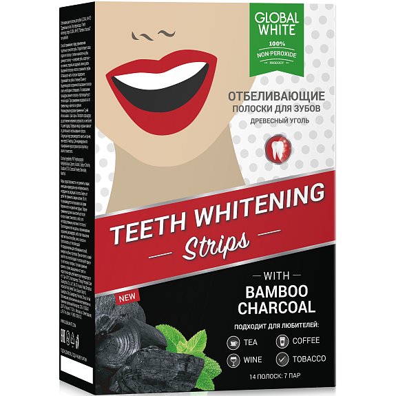 Отбеливающие полоски для зубов с древесным углем Global White, 7 пар
