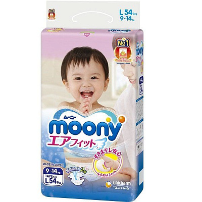 Японские подгузники Moony размер L 9-14 кг, 54 шт