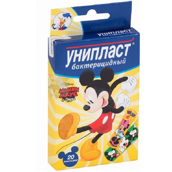 Набор детских бактерицидных лейкопластырей Унипласт Микки Маус, 20 шт