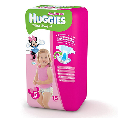 Подгузники для девочек Ultra Comfort 12-22 кг (размер 5) Huggies, 15 шт