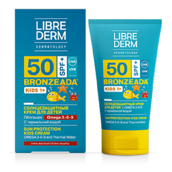 Солнцезащитный крем для детей SPF50+ с омега 3-6-9 и термальной водой Librederm Bronzeada, 150 мл