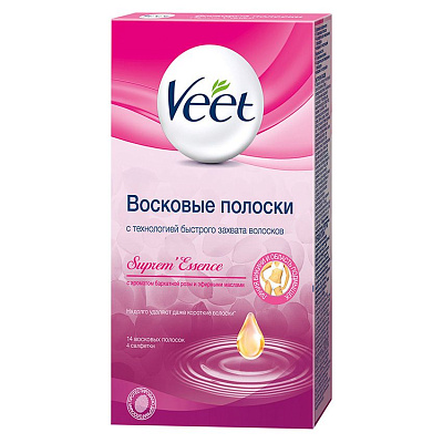 Восковые полоски для депиляции suprem essence Veet, 14 шт