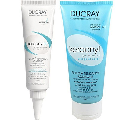 Набор Ducray Keracnyl PP крем успокаивающий против дефектов кожи склонной к акне 30 мл + очищающий гель для лица и тела 40 мл