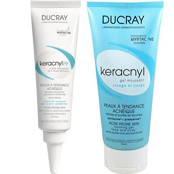 Набор Ducray Keracnyl PP крем успокаивающий против дефектов кожи склонной к акне 30 мл + очищающий гель для лица и тела 40 мл