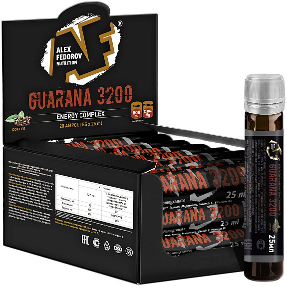 Энергетик растительного происхождения Guarana 3200 кофе Alex Fedorov Nutrition 25 мл, 20 ампул