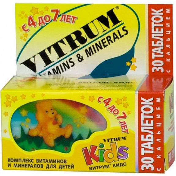 Комплекс витаминов и минералов для детей от 4 до 7 лет Vitrum Kids, 30 жевательных таблеток