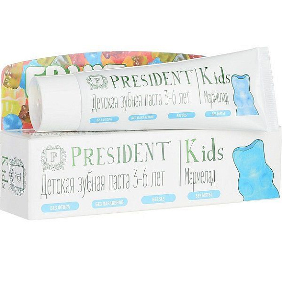 Детская зубная паста President Kids со вкусом мармелада от 3 до 6 лет, 50 мл