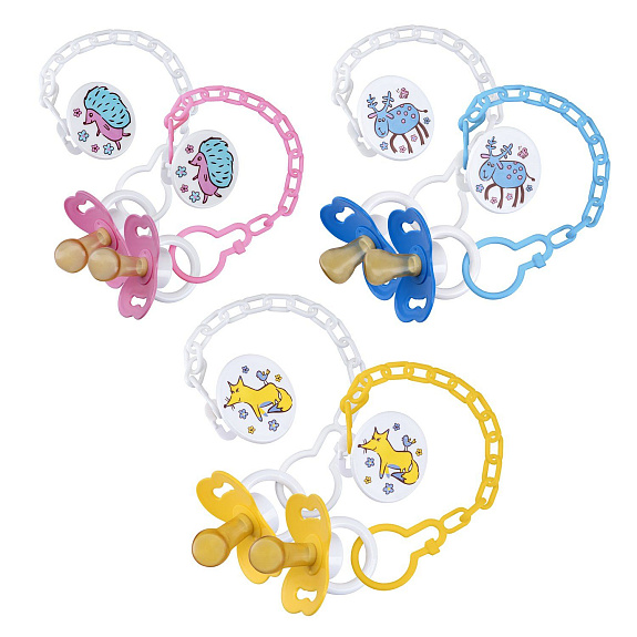 Пустышка латексная ортодонтическая с прищепкой Курносики 13104