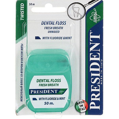 Вощеная нить для зубов President со фтором и мятой, 50 м
