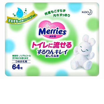 Влажные салфетки детские Flushable запасной блок Merries, 64 шт