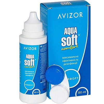 Раствор для ухода за контактными линзами Avizor Aquasoft с протеиновым очистителем, 120 мл + контейнер