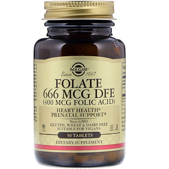 Фолат 400 мкг «Метафолин» Folate 666 MCG DFE Solgar, 50 таблеток