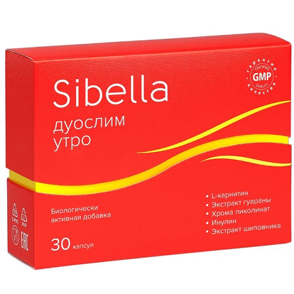 Sibella дуослим утро способствует ускоренному сжиганию жиров и снижению аппетита 400 мг, 30 капсул