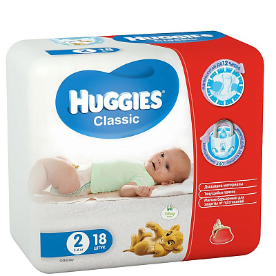 Подгузники Classic 3-6 кг (размер 2) Huggies, 18 шт