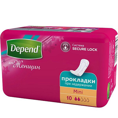 Прокладки при недержании Depend Mini надежная защита и контроль, 10 шт