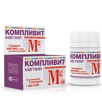 Компливит® Магний, При повышенной нервной возбудимости и судорогах, Компливит, 735 мг, 60 таблеток