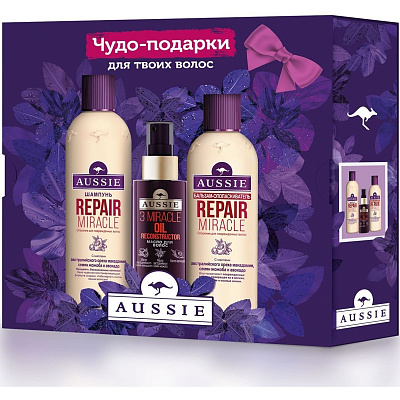 Набор Aussie Repair Miracle (шампунь, 300 мл + бальзам-ополаскиватель, 250 мл + масло для волос 3 Miracle, 100 мл)