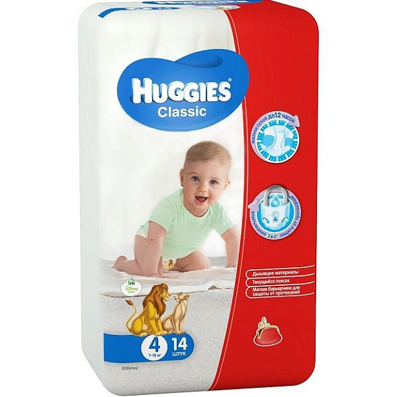 Подгузники Huggies Classic размер 4 (7-18 кг), 14 шт