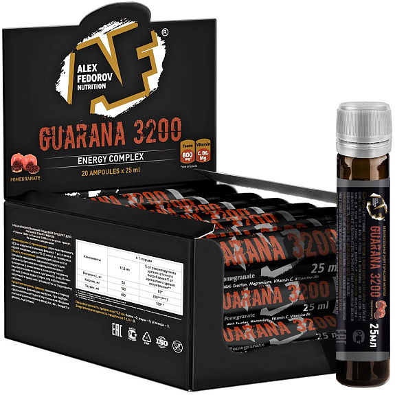 Энергетик растительного происхождения Guarana 3200 гранат Alex Fedorov Nutrition 25 мл, 20 ампул