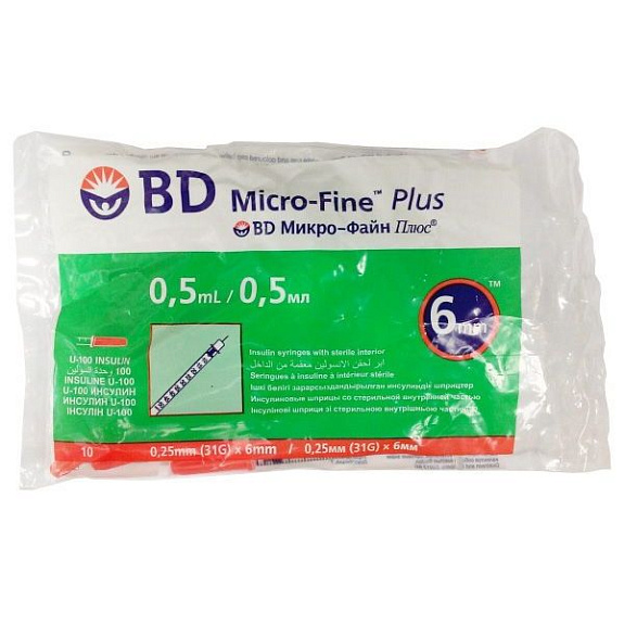 Шприц инсулиновый Micro-fine plus 0,5 мл U-100 0,25х6 мл, 10 шт